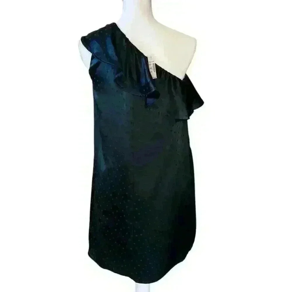 Madewell Silk Dark Green Polka Dot One Shoulder Dress - Size 00 - Picture 3 of 4